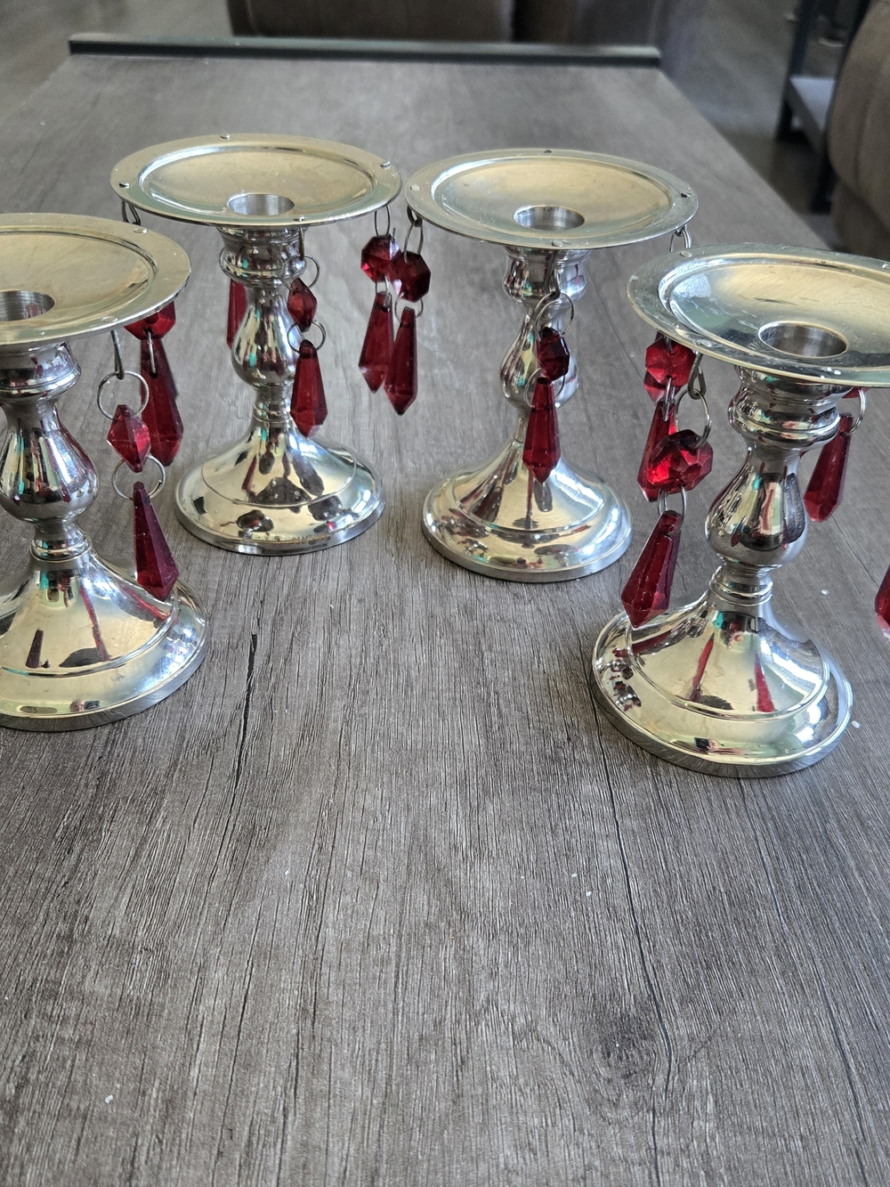 Silver Taper Candle Holders with Red Crystal Droplets - Home Accents